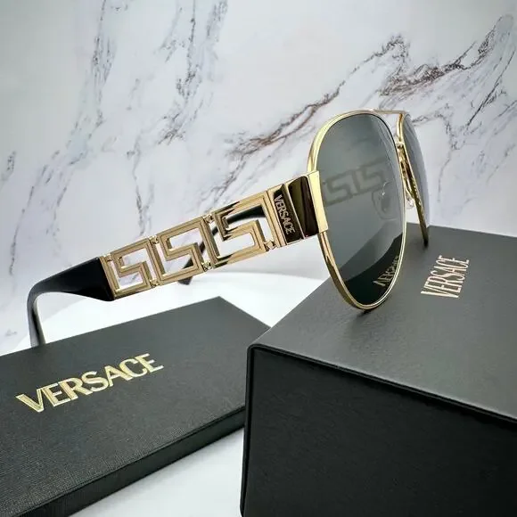 New VERSACE Sunglasses Gold Aviator Pilot Metal Greca Logo Black